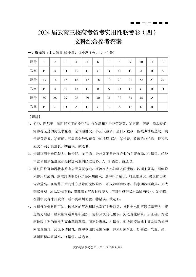 云南省三校2023-2024学年高三上学期高考备考实用性联考(四)文综答案第1页