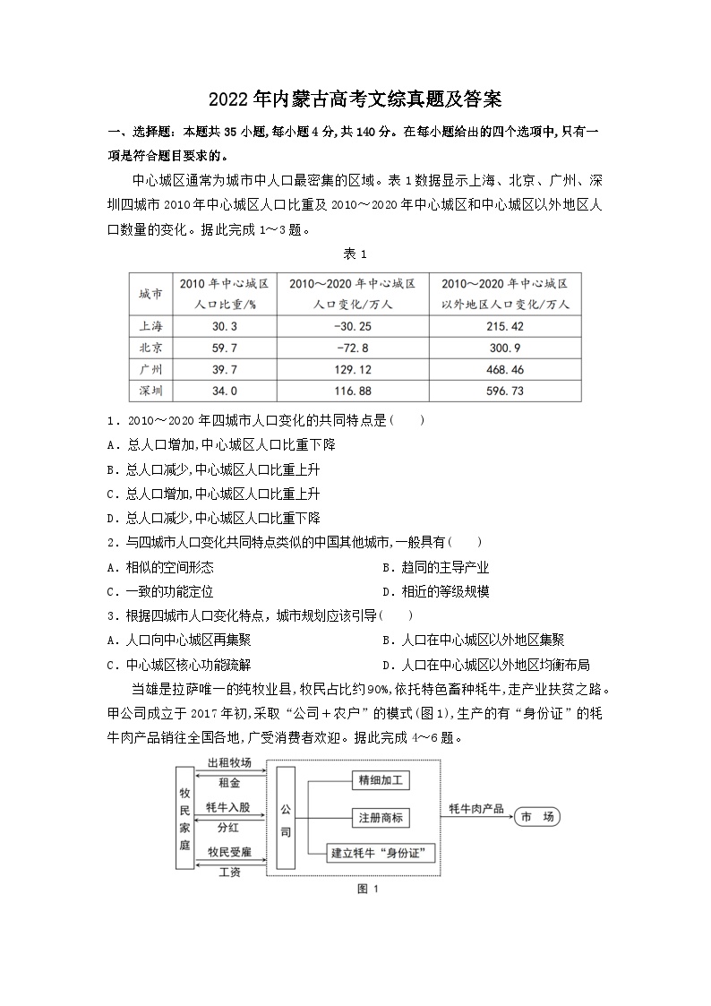 2022年内蒙古高考文综真题及答案