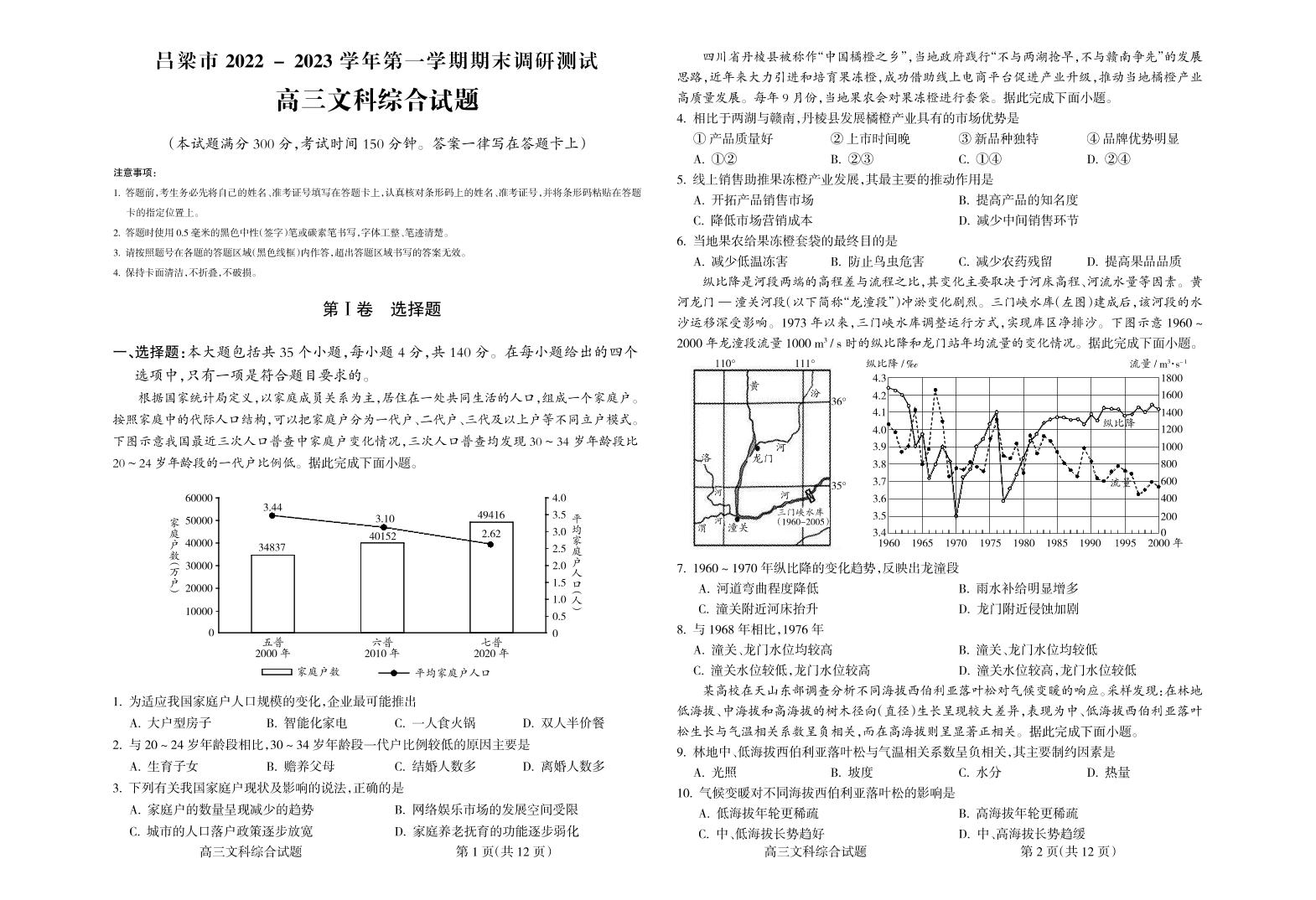 山西省吕梁市2022-2023学年度高三年级上学期期末考试文综试题及答案