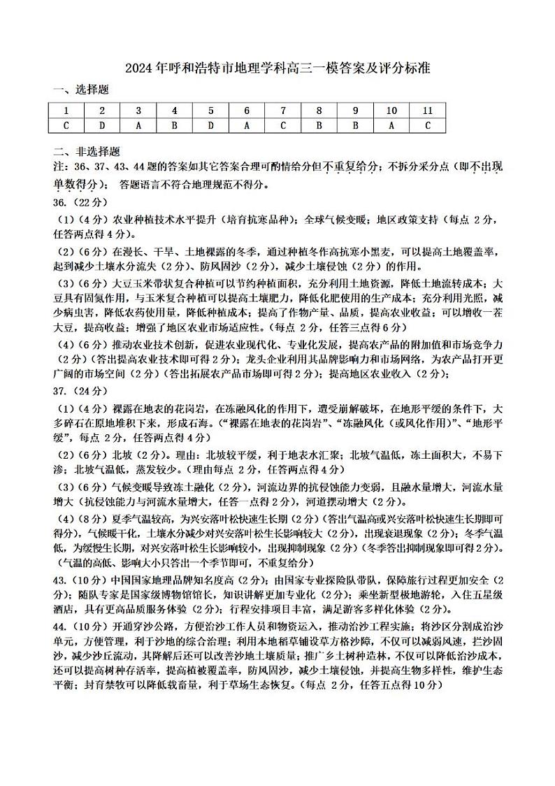 2024届内蒙古呼和浩特市高三下学期第一次质量数据监测(一模)文科综合01