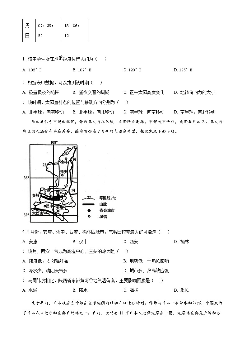精品解析:2024届陕西省安康市高三第三次质量联考文综试题-高中地理(原卷版)第2页