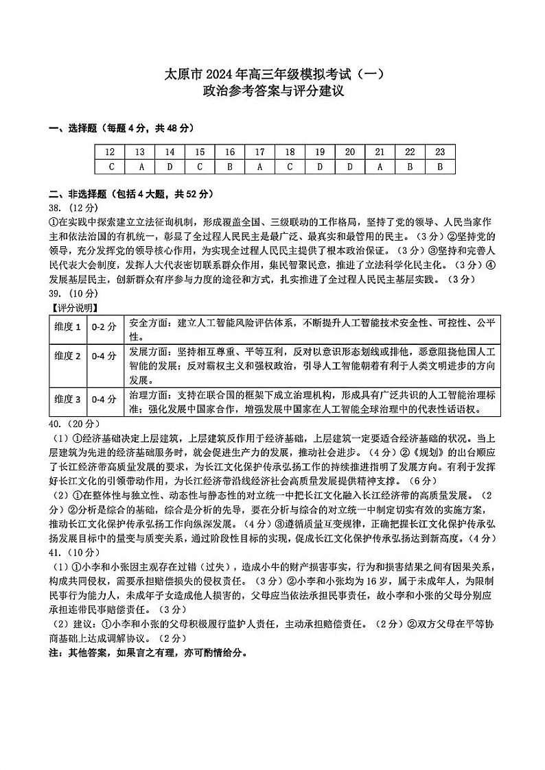 山西省太原市2024届高三下学期一模考试 文综试卷01