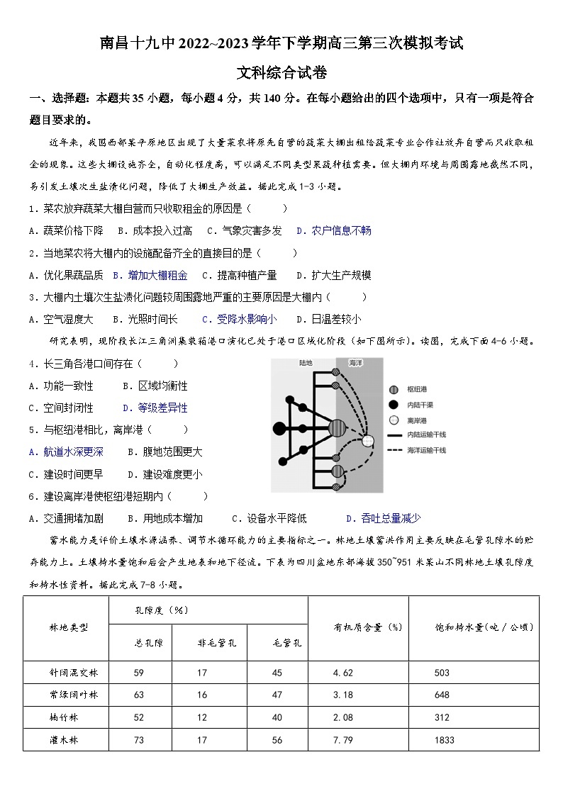 2023届江西省南昌市第十九中学高三下学期第三次模拟考试文科综合试卷01