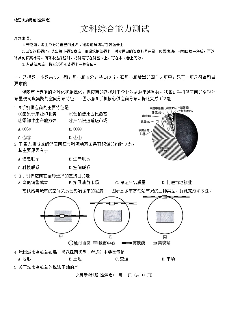 陕西省西安市第一中学2024届高三下学期期中考试文综试卷（Word版附答案）