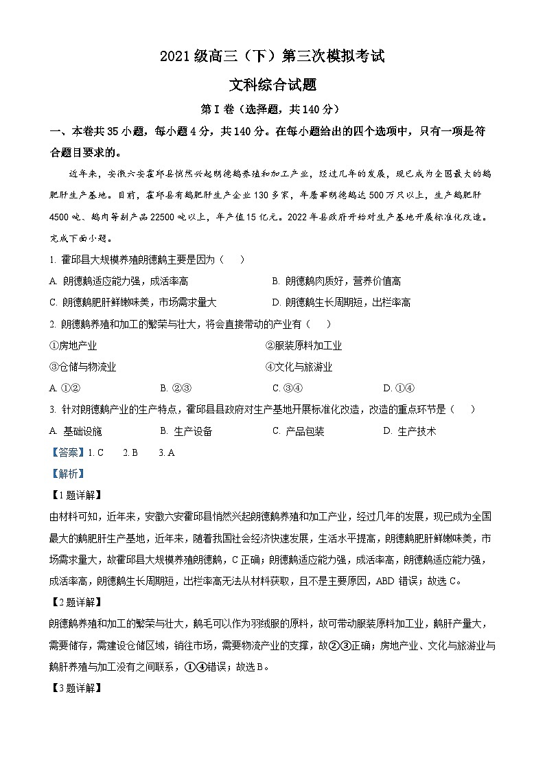 2024届四川省眉山市仁寿县高三下学期三诊模拟联考文综地理试题(原卷版+解析版)01
