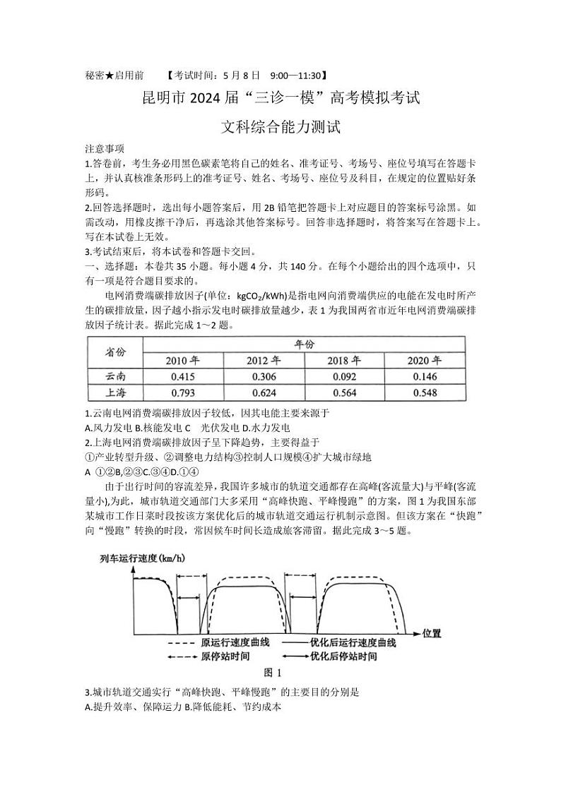 2024届云南省昆明市高三5月市统考三诊一模考试文综试卷第1页