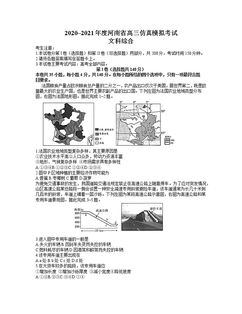 河南省2021届高三下学期5月仿真模拟考试文综试题+答案01