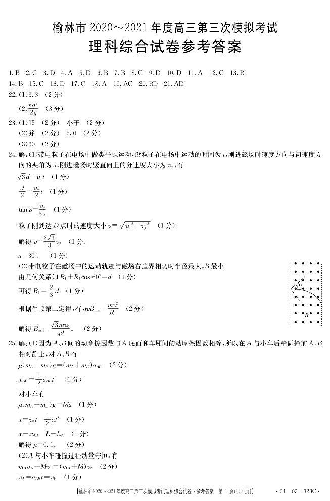 2021届陕西省榆林市高三下学期高考模拟第三次测试(三模)理综试题 PDF版01