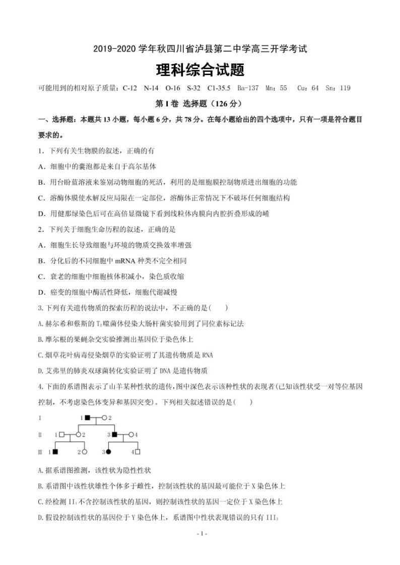 2020届四川省泸州市泸县第二中学高三上学期开学考试理科综合试题（PDF版）01