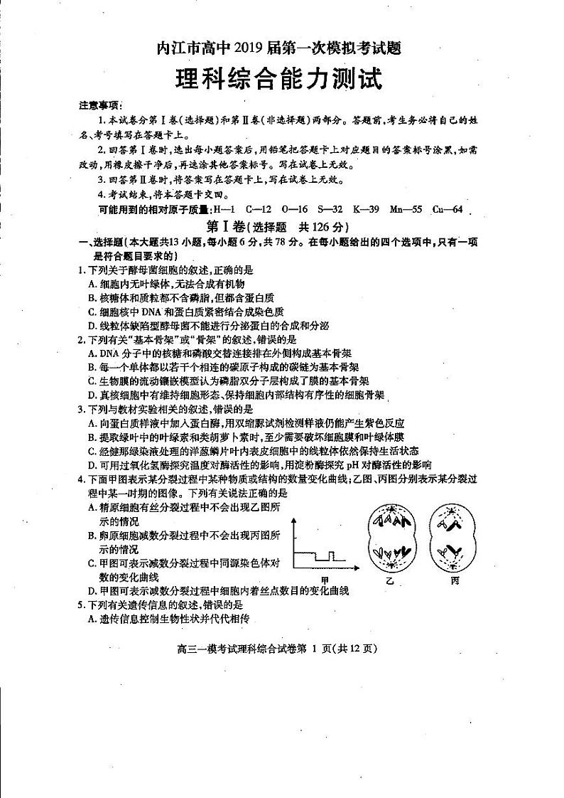 四川省内江市2019届高三第一次模拟考试理科综合试题(扫描版)第1页