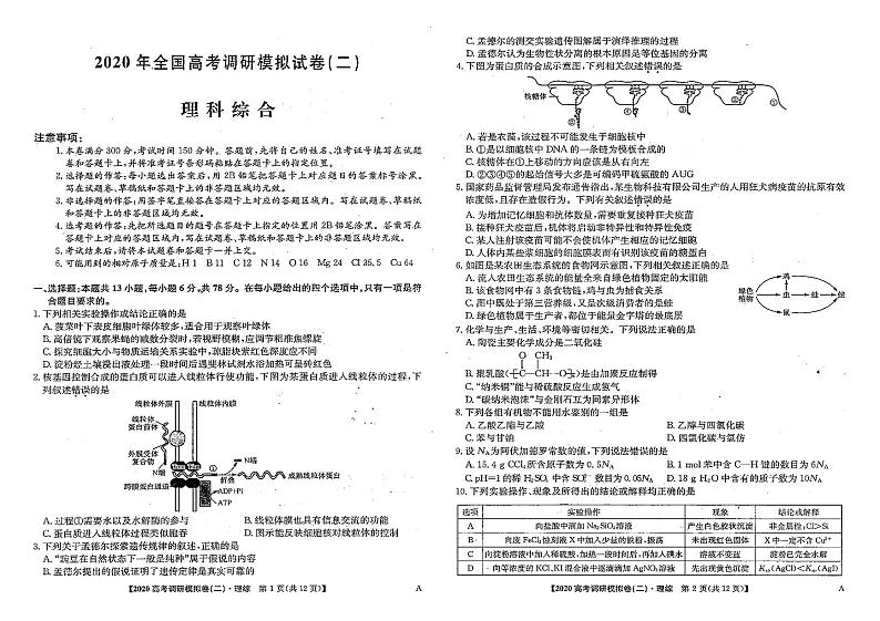 2020年全国高考调研模拟理科综合试题(二) PDF版第1页