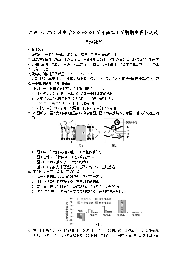 2020-2021学年广西玉林市育才中学高二下学期期中模拟测试理综试题 Word版