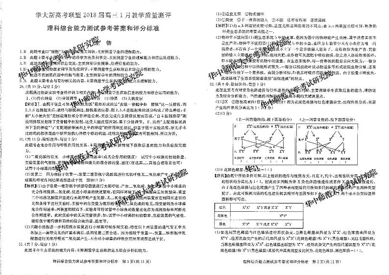 湖北省华大新高考联盟2018届高三1月教学质量测评理科综合答案第1页
