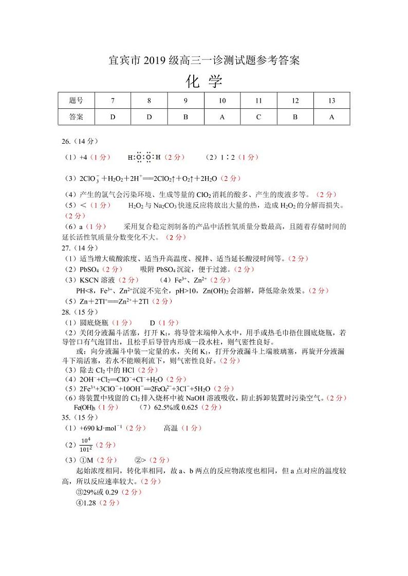 高2022届宜宾一诊理综练习题01