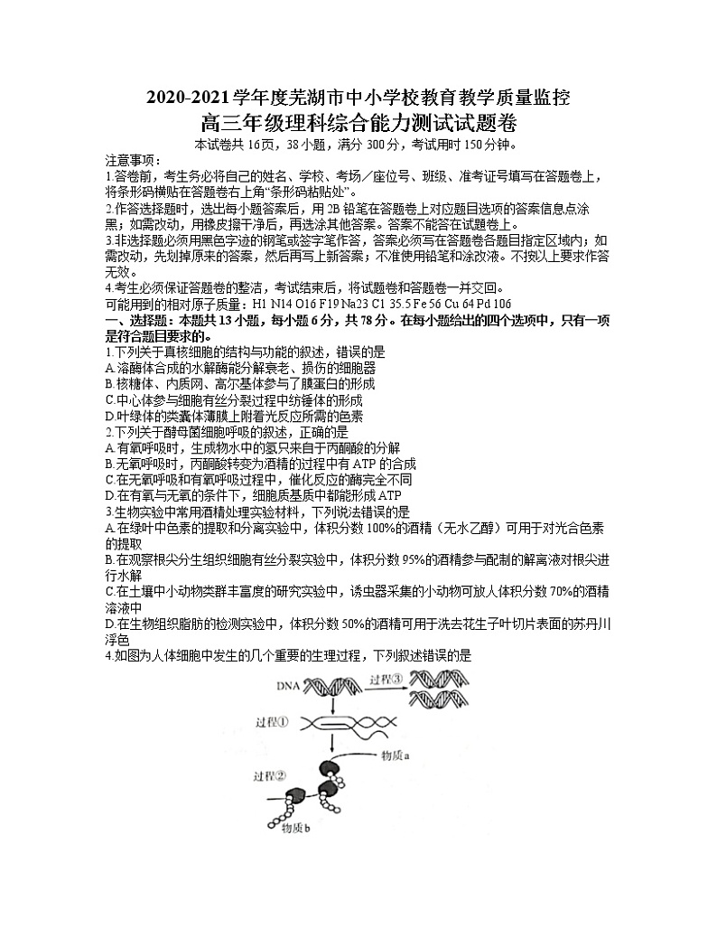安徽省芜湖市2021届高三一模考试理科综合试题word版01