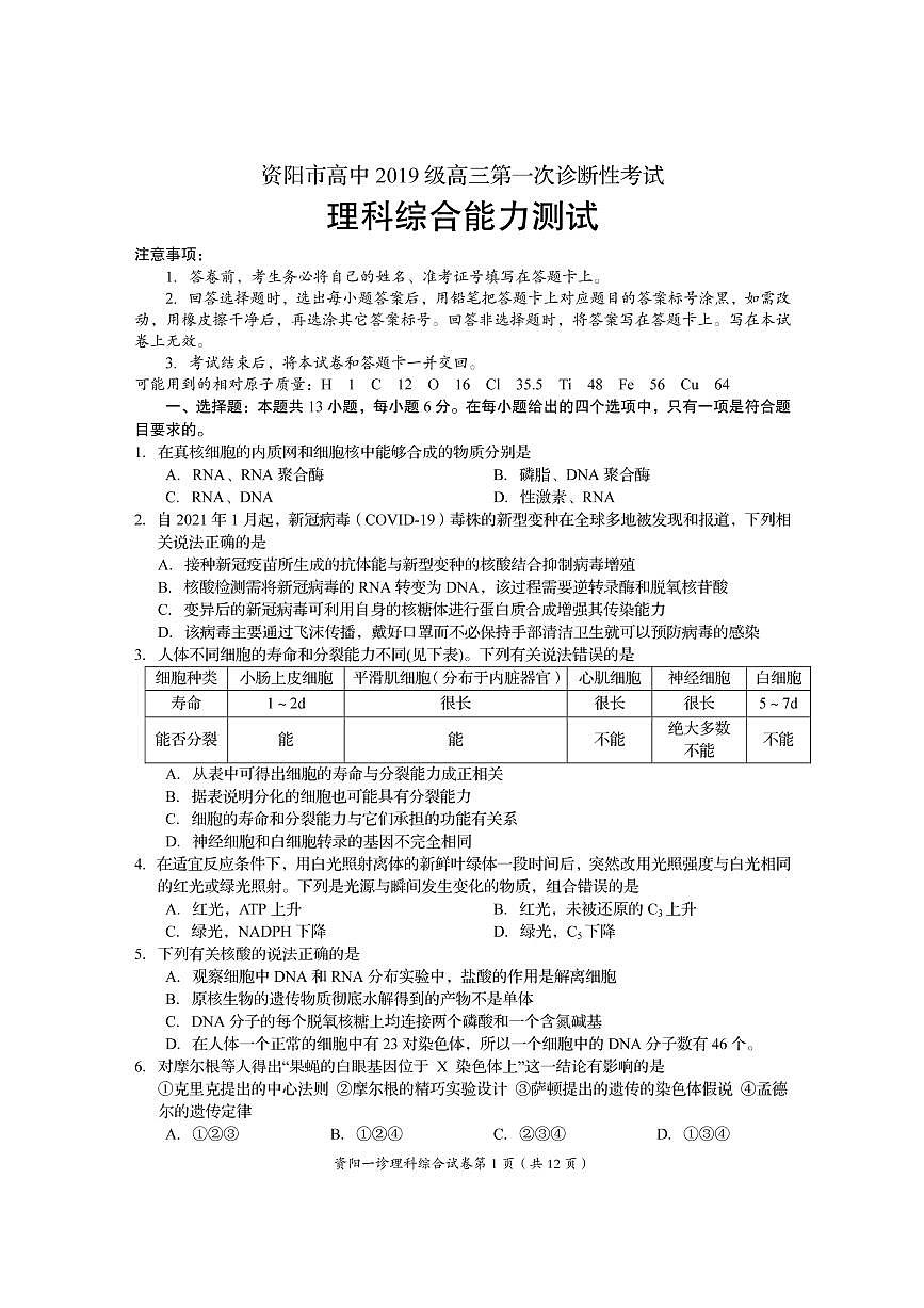 理綜第1頁(yè)