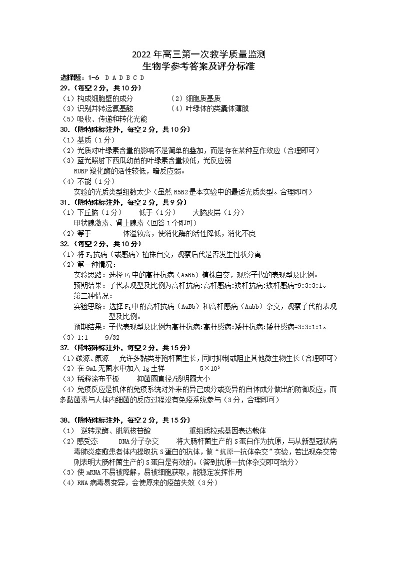 2022高三一模生物学答案第1页