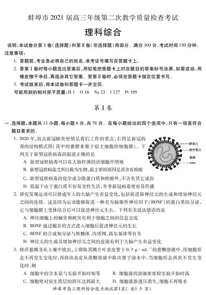 2021届安徽省蚌埠市高三上学期第二次教学质量检查考试（二模）理综试题 PDF版01