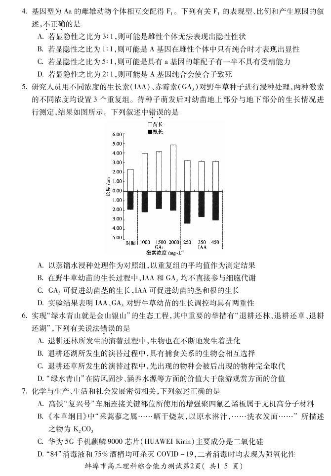 2021届安徽省蚌埠市高三上学期第二次教学质量检查考试（二模）理综试题 PDF版02