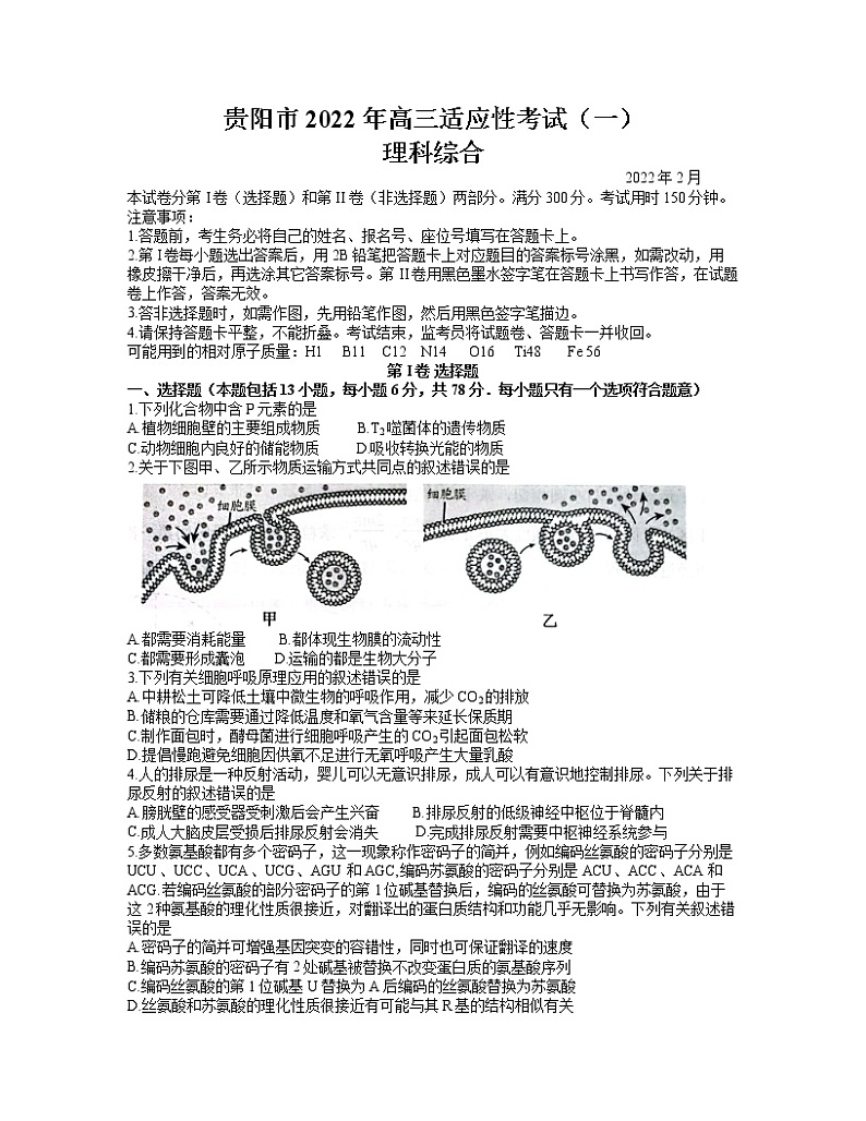 2022年贵州省贵阳市2022届高三适应性考试一(一模)理科综合试题含答案第1页