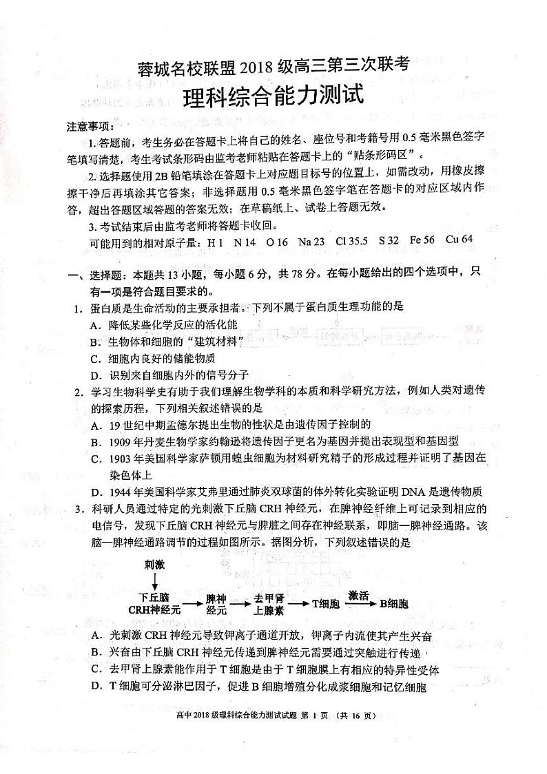 2021届四川省成都市蓉城名校联盟高三下学期4月第三次联考理科综合试题 PDF版01