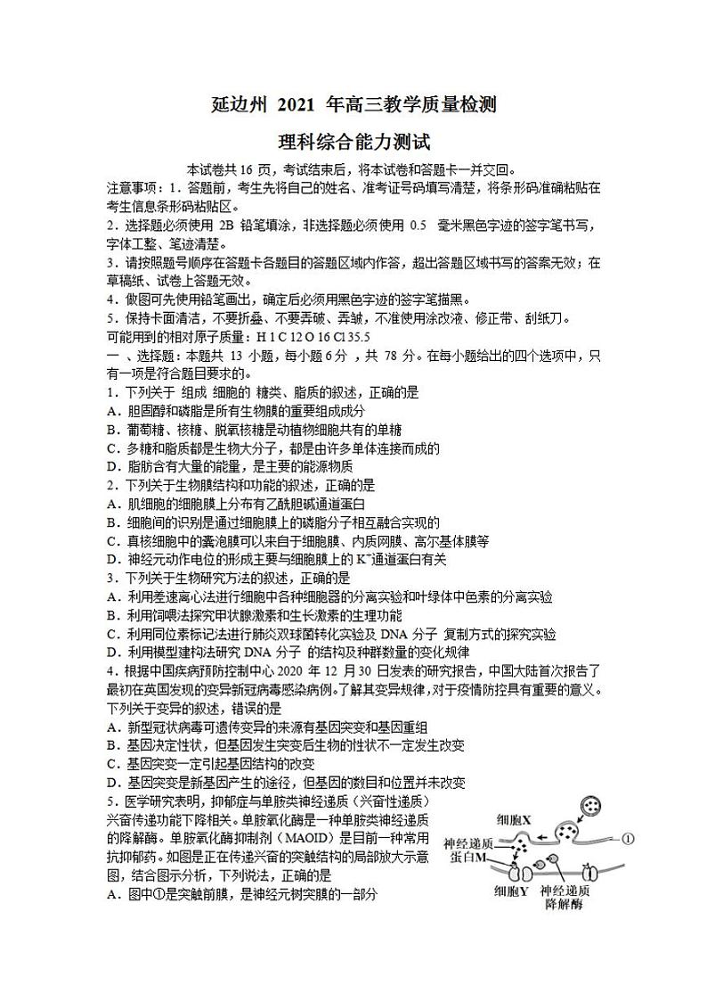 吉林省延边州2021届高三2月教学质量检测(一模)理科综合试题含答案第1页