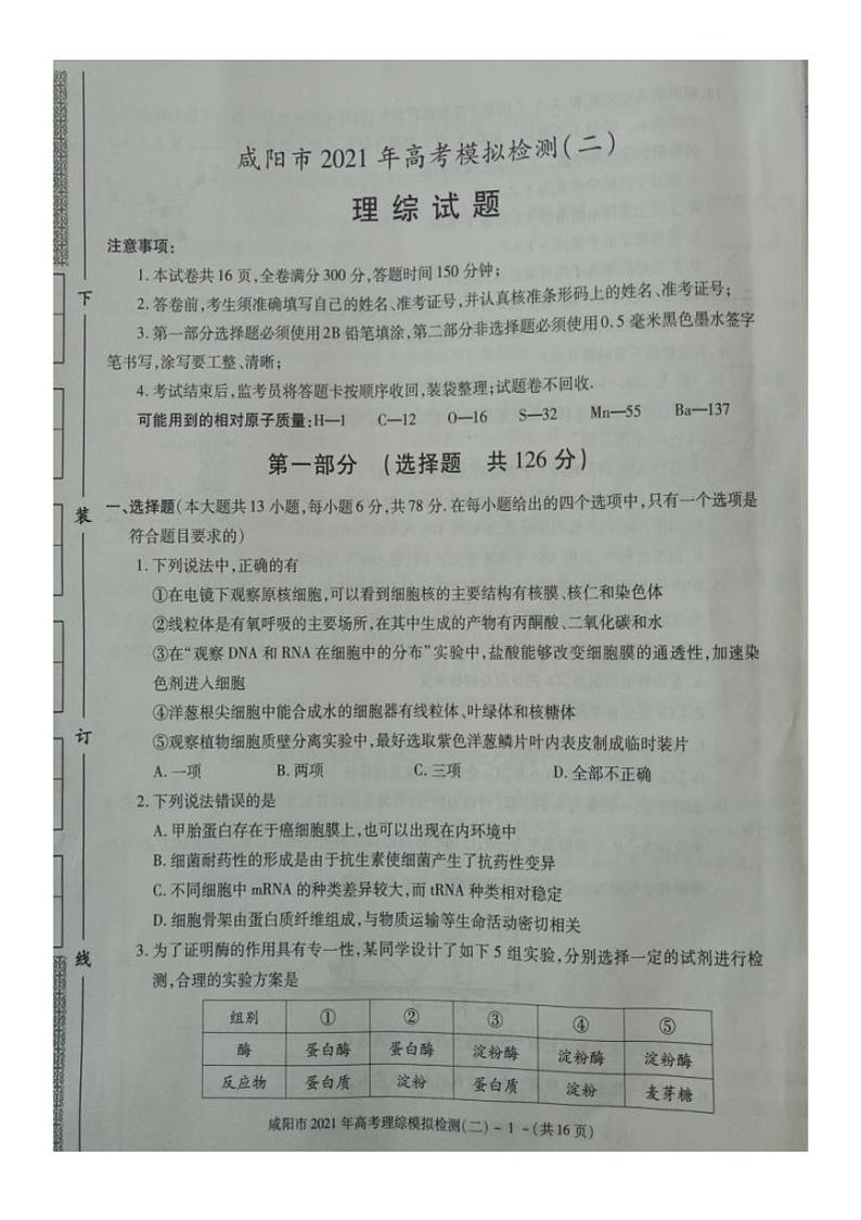 陕西省咸阳市2021届高三高考模拟检测检测二(二模)理科综合试题含答案01