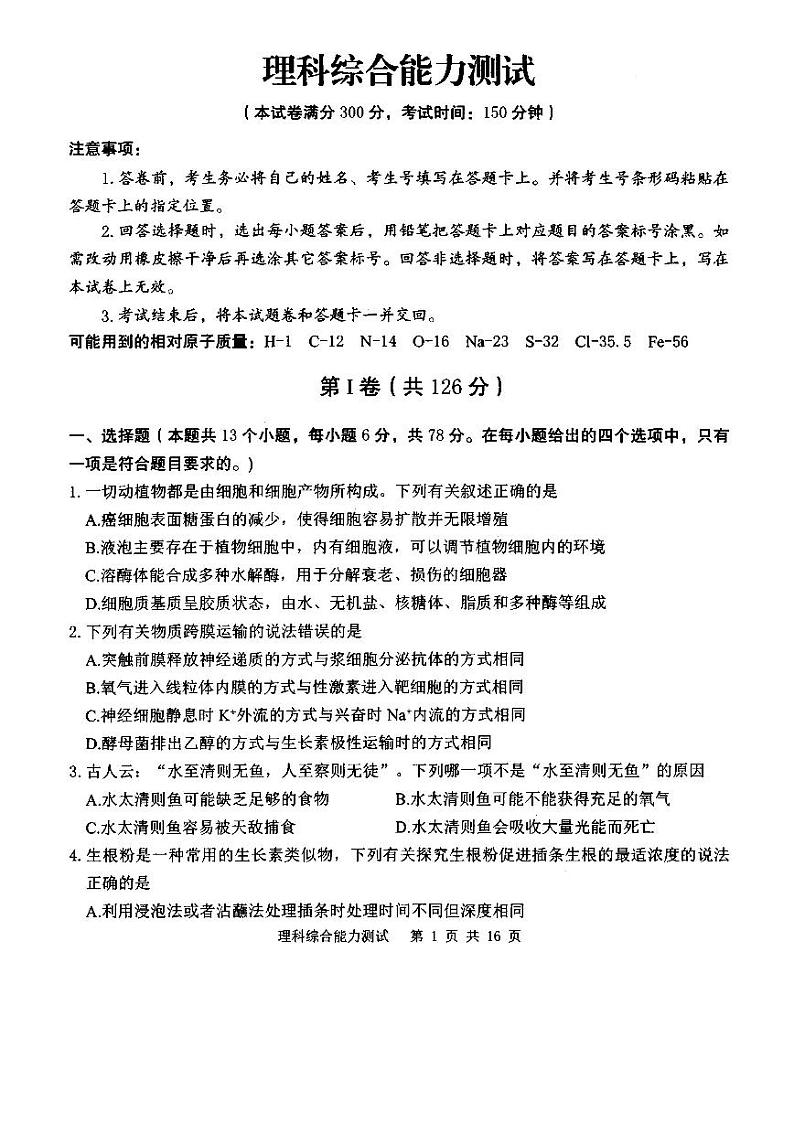 19届高三理科理综4月5日考试试卷第1页