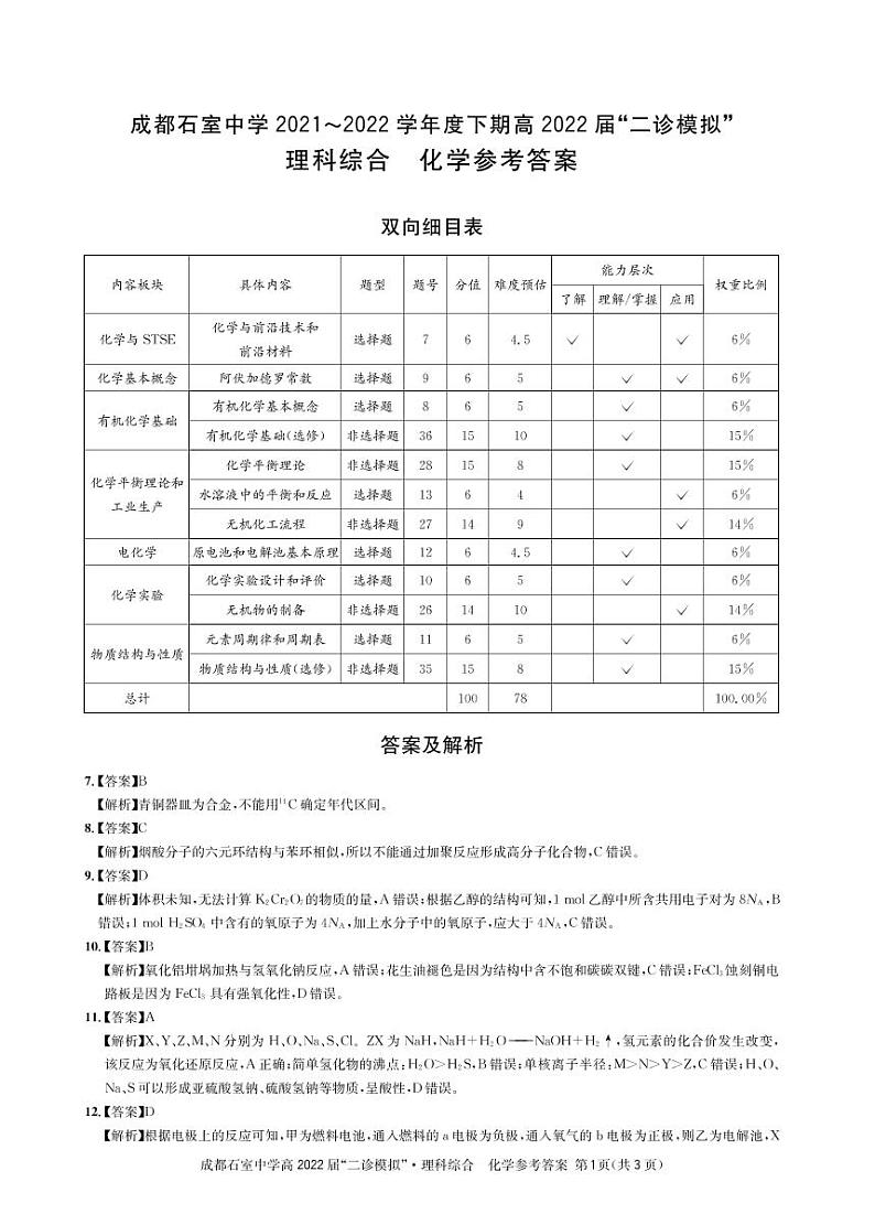 2022成都石室中学高三下学期“二诊模拟”理科综合PDF版含答案第3页