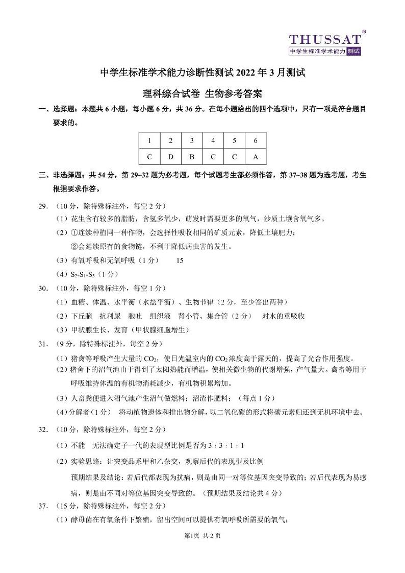 THUSSAT2022年3月诊断性测试理科综合生物答案第1页