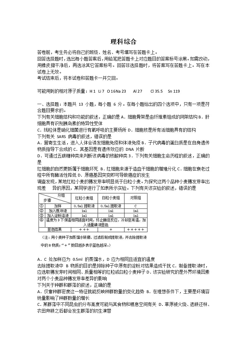 四川省宜宾市2020届高三下学期二诊考试理综试卷 Word版含答案第1页