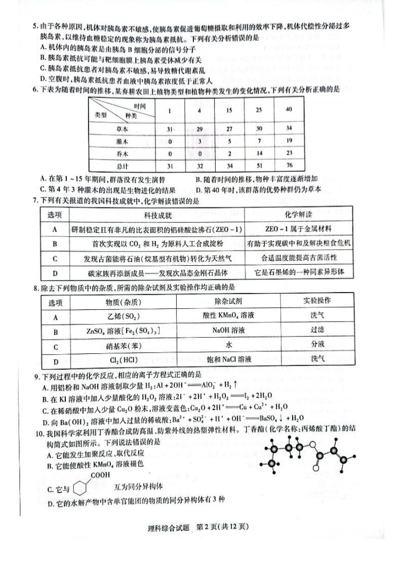 河南省名校联盟大联考2021-2022学年高中毕业班阶段性测试理综02