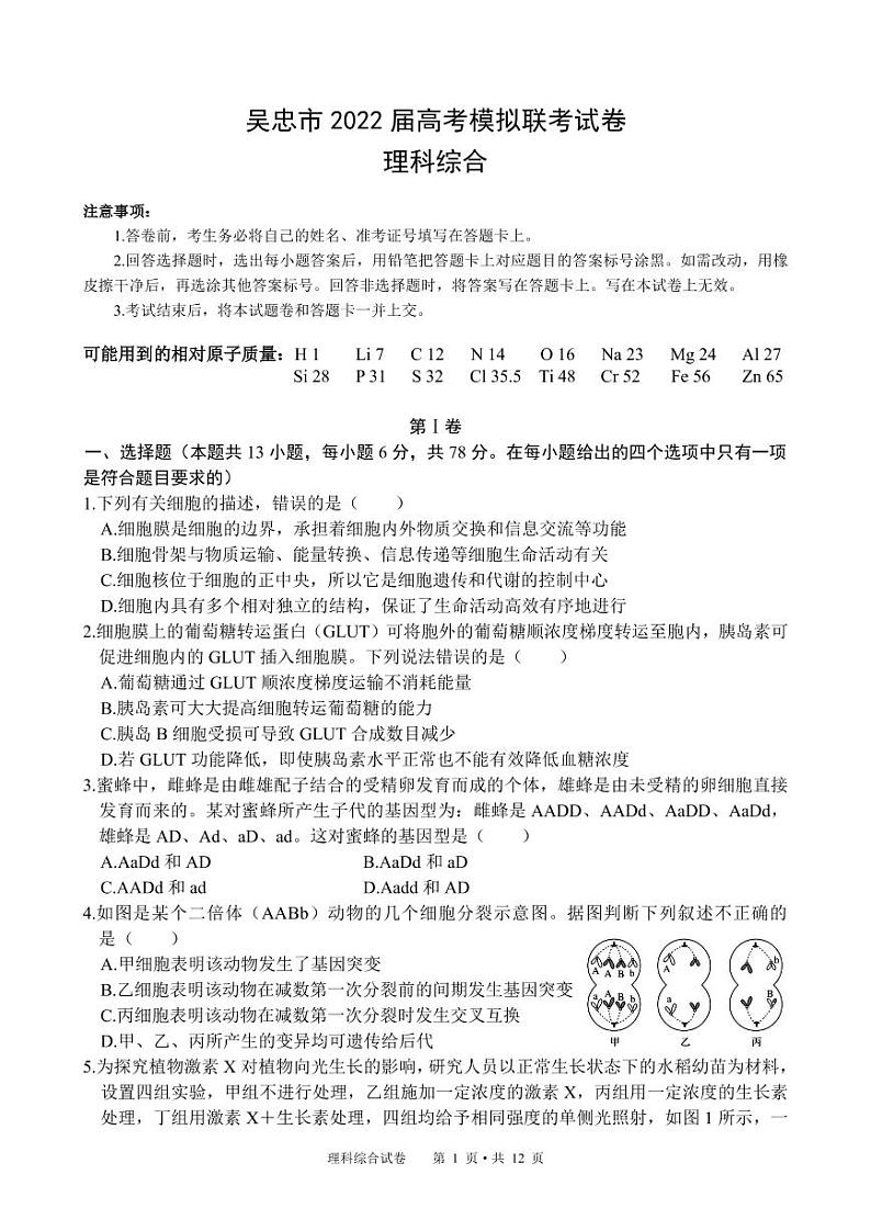 2022届宁夏吴忠市高三下学期高考模拟理科综合试题 PDF第1页
