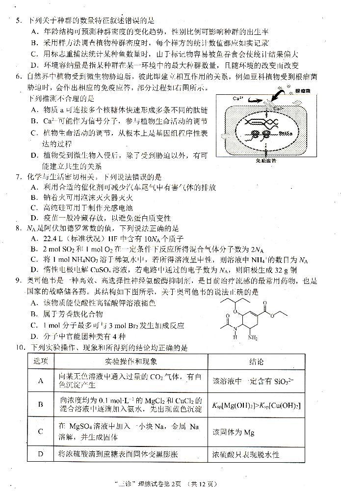 2022届四川省南充市高三下学期高考适应性考试（三诊）理科综合试题及答案02