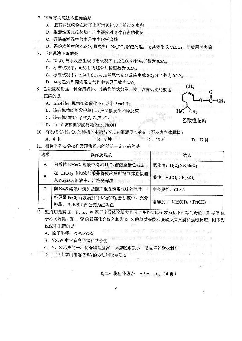 2019届湖南省怀化市高三3月第一次模拟考试理科综合试题 PDF版第3页