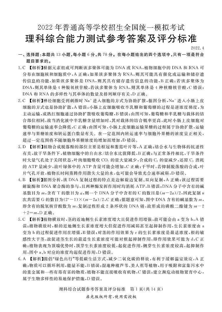 山西省吕梁市2022届高三下学期二模理科综合答案第1页