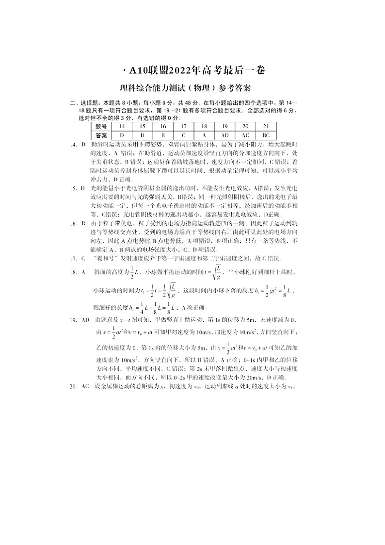 安徽省十校联盟2022届高三最后一卷理综答案第1页