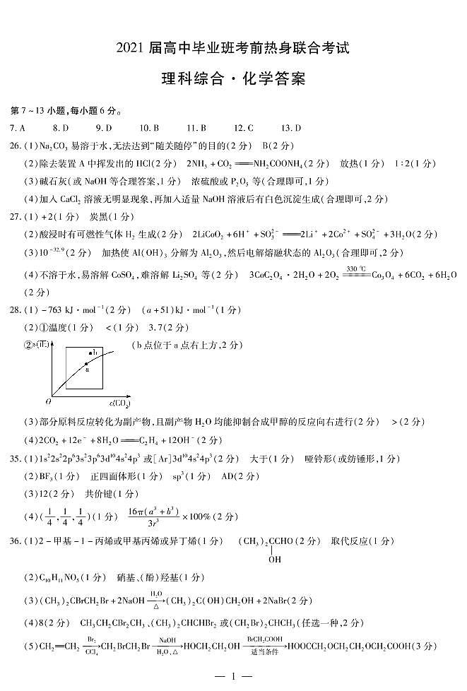 汤阴县五一中学2021届高三高中毕业班考前热身联合考试理综答案第1页