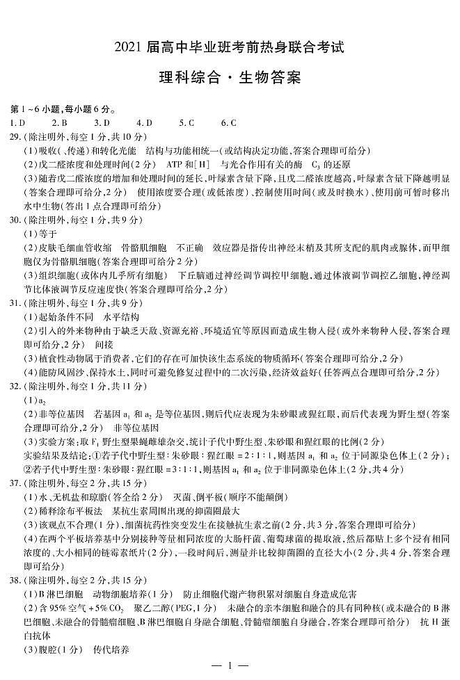 汤阴县五一中学2021届高三高中毕业班考前热身联合考试理综答案第2页