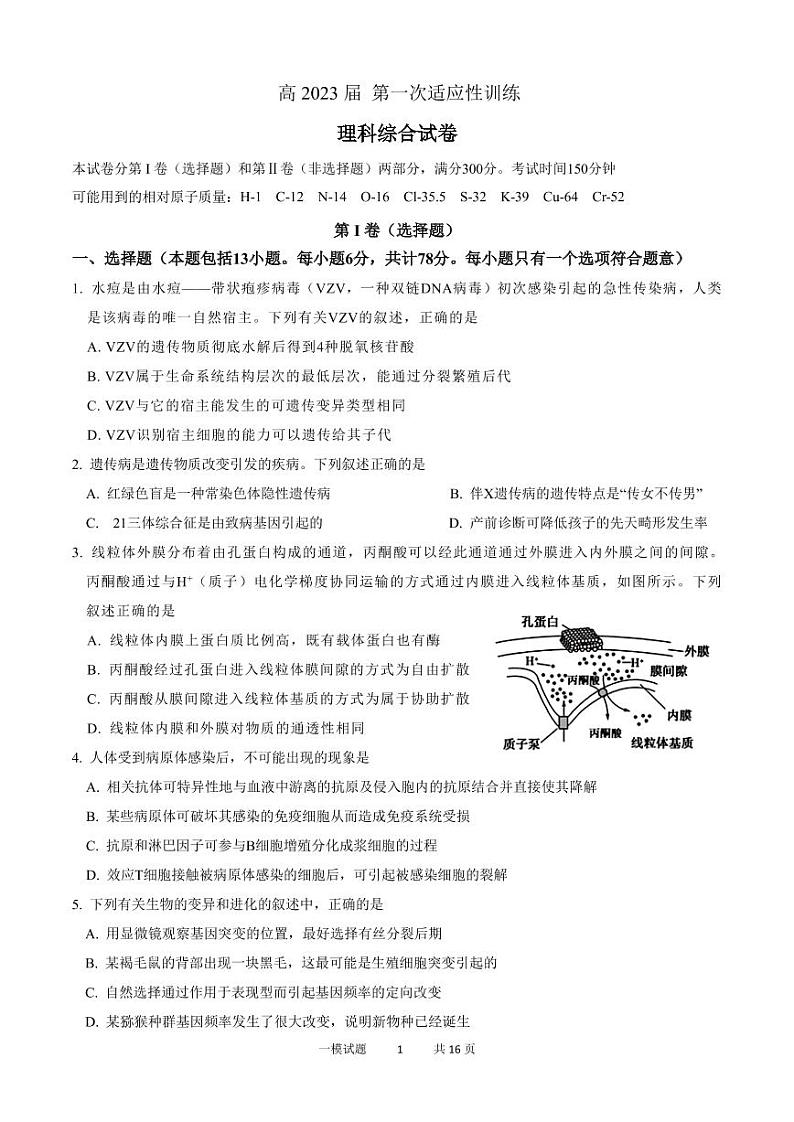 2023西安西北工业大学附中高三上学期第一次适应性训练理综PDF版含答案(可编辑)01