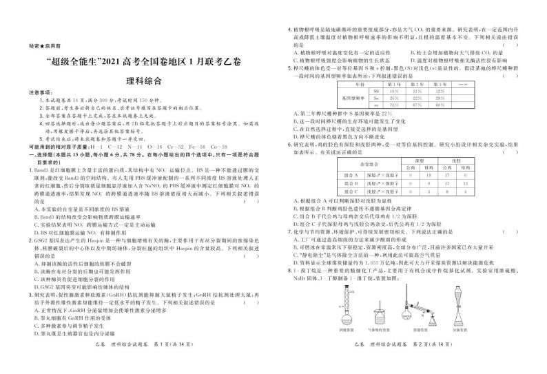 2021“超级全能生”高三全国卷地区1月联考试题（乙卷）理科综合试题含答案01