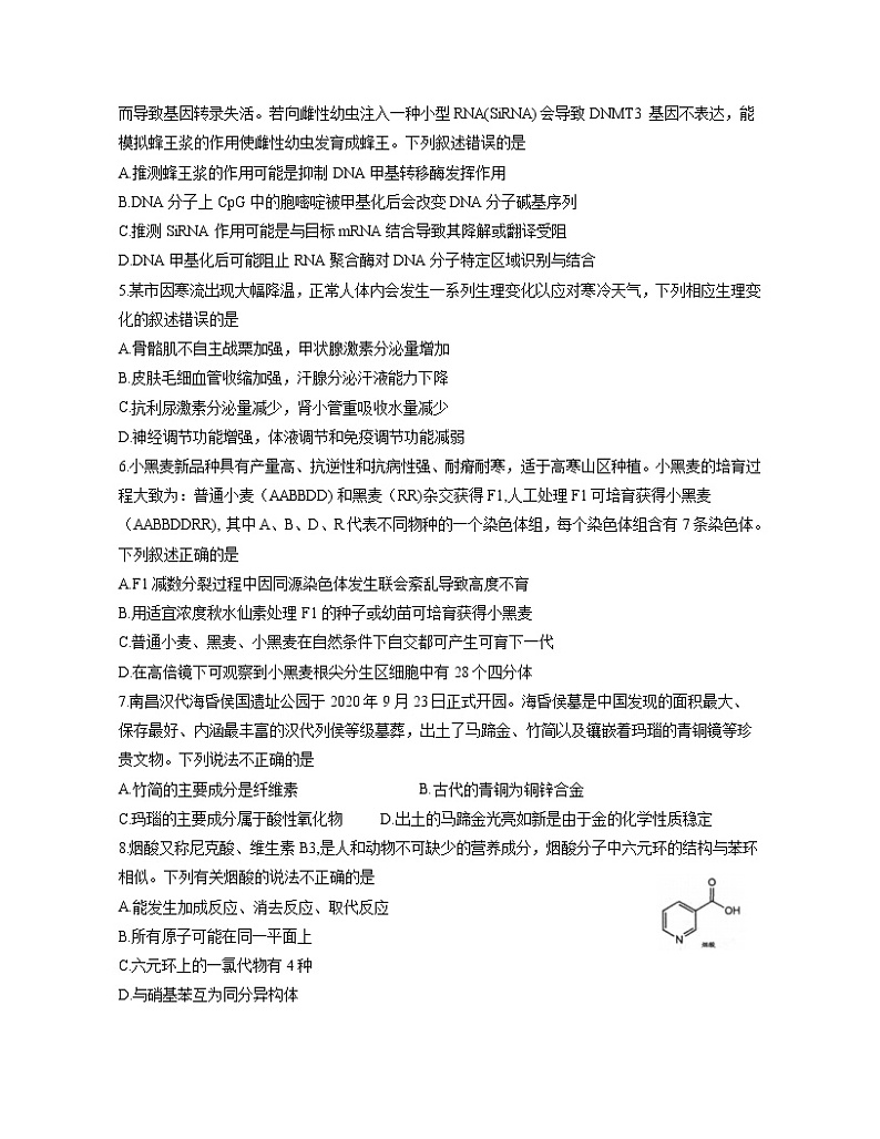 2021南昌高三下学期一模考试理综试题含答案02