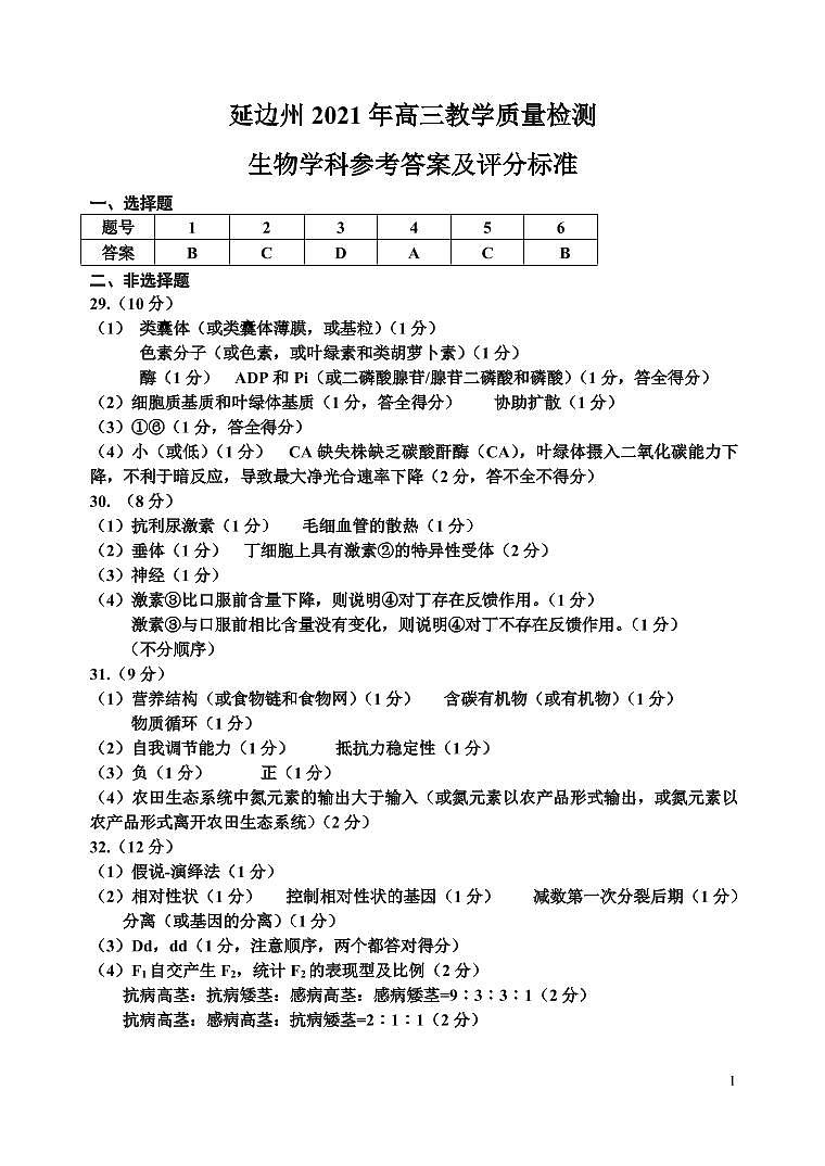 2021年高考复习质量检测生物参考答案及评分要求第1页