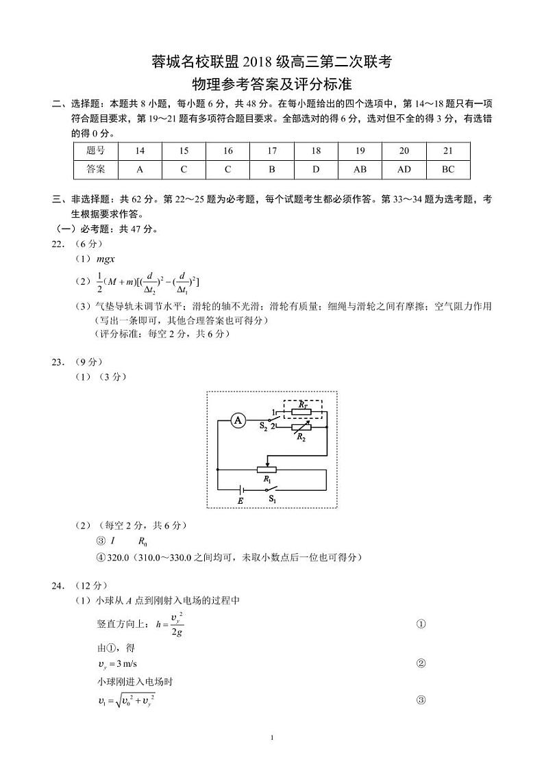 蓉城名校联盟2018级高三第二次联考物理参考答案及评分标准第1页