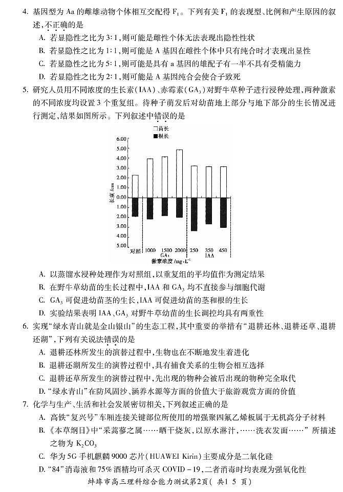 2021蚌埠高三上学期第二次教学质量检查考试(二模)理综试题PDF版含答案02