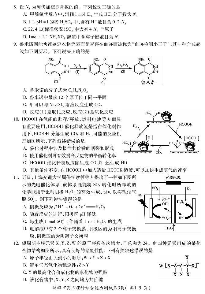 2021蚌埠高三上学期第二次教学质量检查考试(二模)理综试题PDF版含答案03