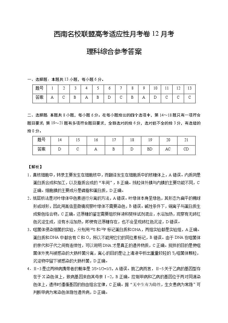 云南师范大学附属中学2021届高三高考适应性月考卷(五)理科综合答案第1页