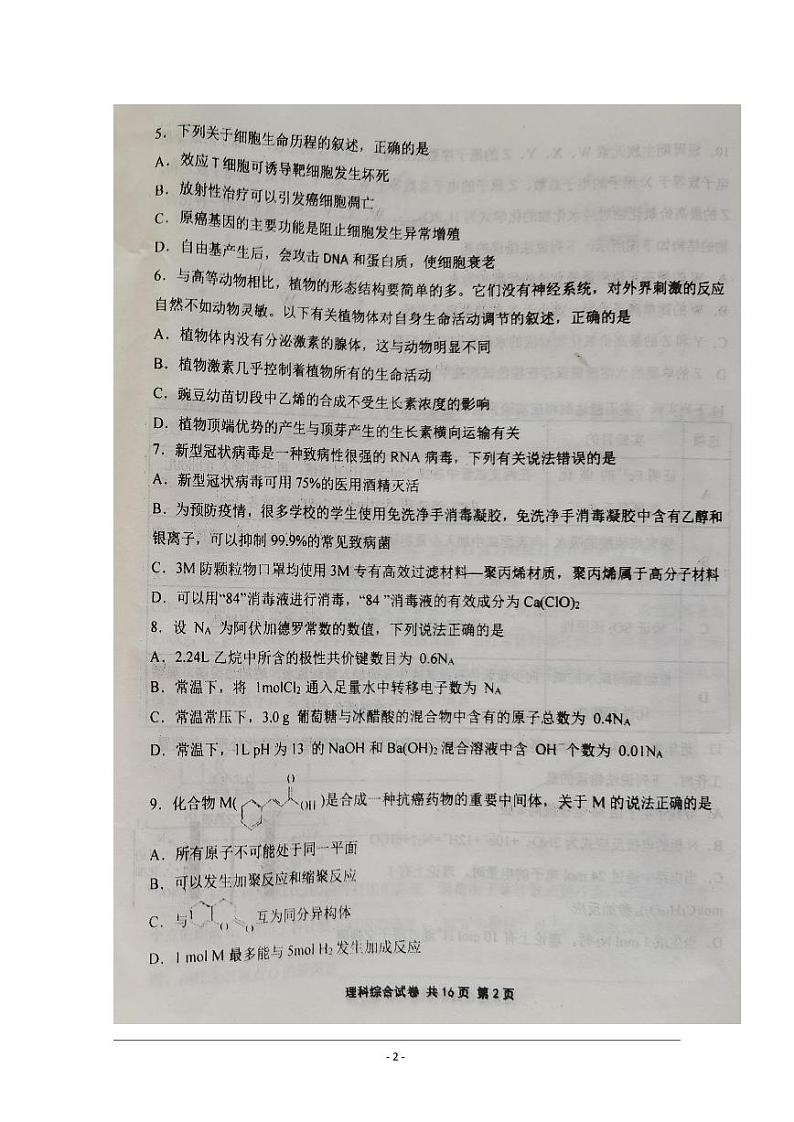 2020锦州黑山县黑山中学高三下学期考前模拟训练理科综合试题扫描版含答案第2页