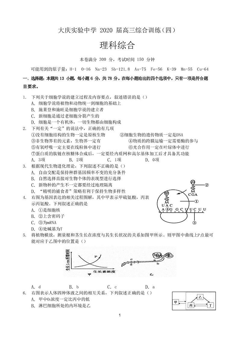 黑龙江省大庆实验中学2020届高三综合训练(四)理科综合试题第1页