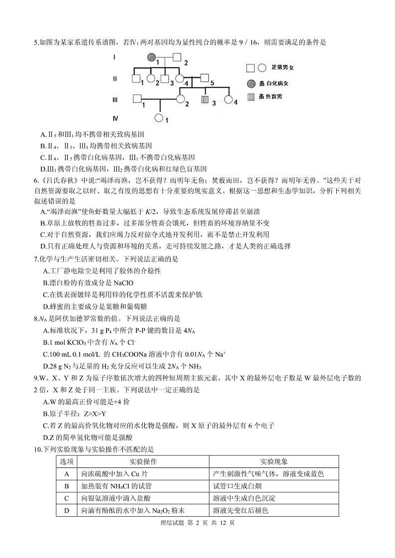 2020安康中学高三高考模拟训练理科综合试题图片版扫描版含答案第2页